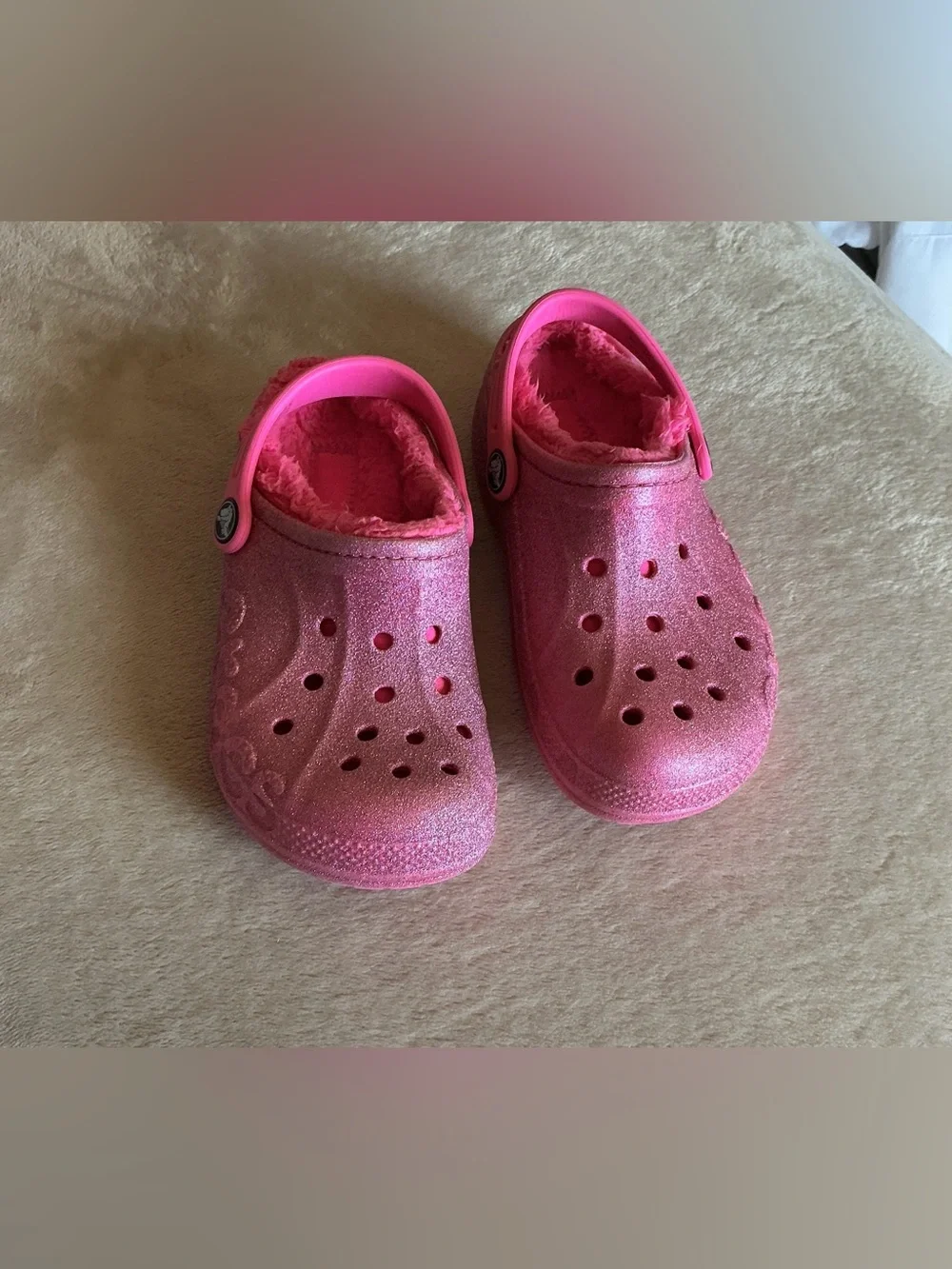 Crocs Youth Classic Lined Pink Clog Sparkle Size C13 #207656 Slip On Glitter